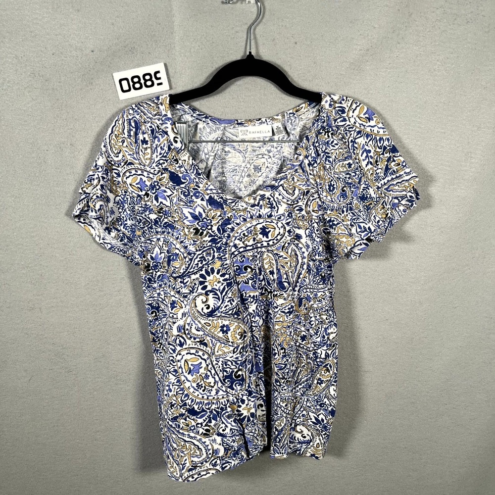 Rafaella‎ Knit Top Womens Small Multicolor Paisley Print Cotton V Neck Everyday
